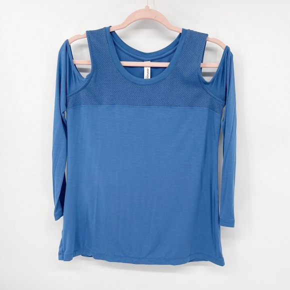 Lorna Jane Tonic Long Sleeve Top Size XS Blue Cold‎ Shoulder Mesh Trim Pullover - Picture 1 of 9
